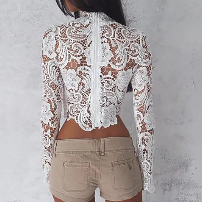 Elegant Turtleneck White Lace blouses See Through Sexy Long Sleeve Crochet Short Blouse Women Fashion Tops Floral Ladies Shirt