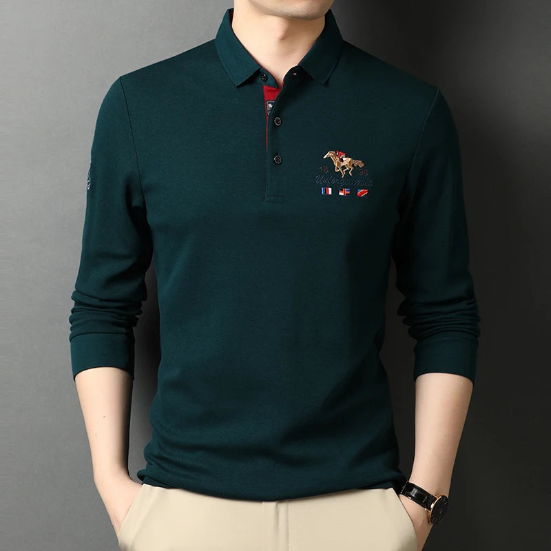 High-End Luxury New Men's Polo Shirts 100% Cotton Lapel Embroidery Korean Trend Fashion Casual Bottoming Long Sleeves 2023Autumn