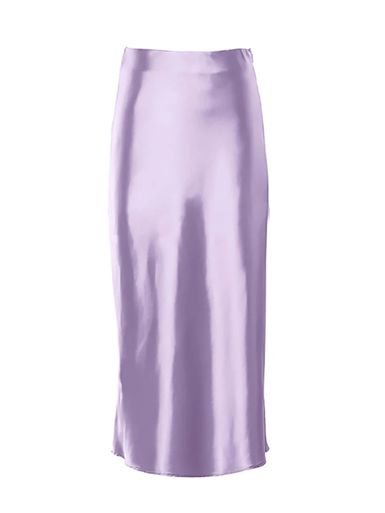 Mnealways18 Solid Purple Satin Silk Skirt Women High Waisted Summer Long Skirt New 2022 Elegant Ladies Office Skirts Midi Spring