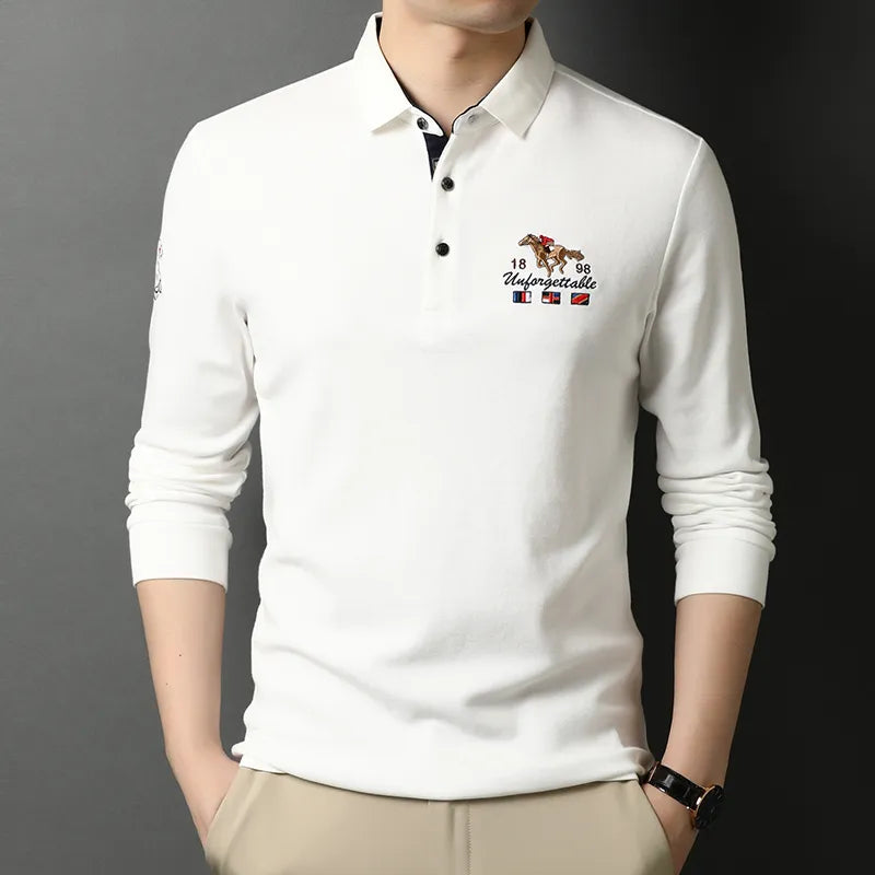 High-End Luxury New Men's Polo Shirts 100% Cotton Lapel Embroidery Korean Trend Fashion Casual Bottoming Long Sleeves 2023Autumn