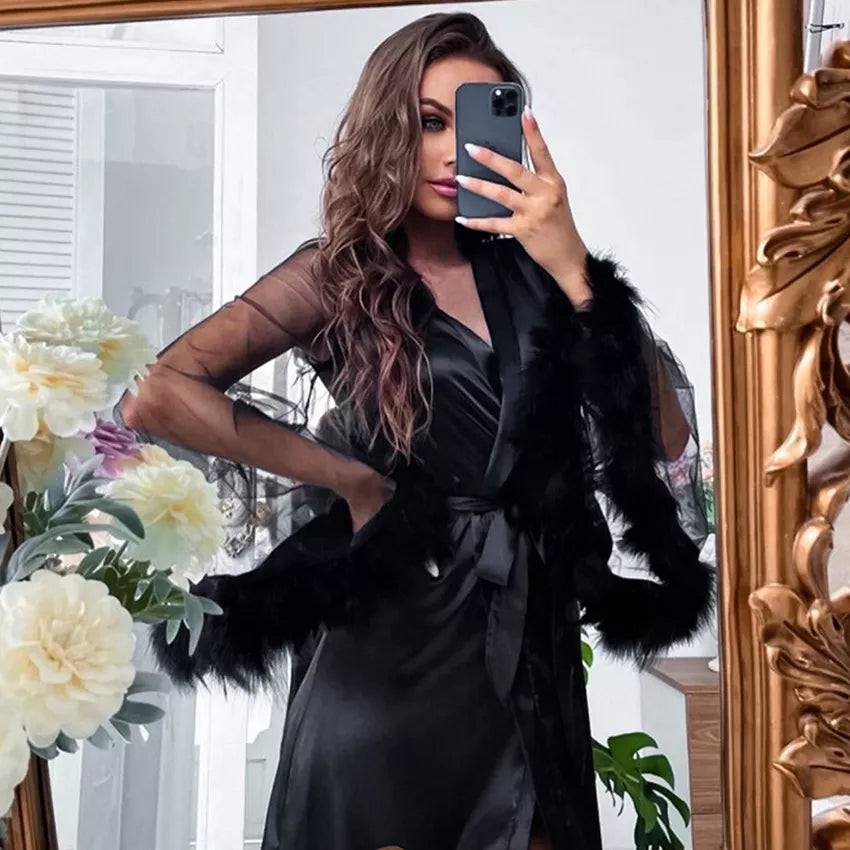 Lace Sleeve Robe Women Satin Feather Patchwork Bathrobe Kimono Gown Long Summer Nightgown Sleepdress Loose Bride Loungewear