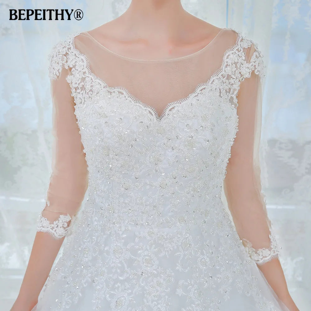 BEPEITHY Scoop-neck Three Quarter Sleeves Wedding Dresses For Women Bride White Lace Elegant Bridal Gown 2023 Vestidos De Novia