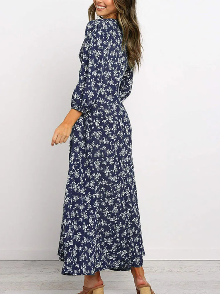 Women Chiffon Long Dress Floral Print Lantern Sleeve A-line Maxi Vestidos Autumn New Elegant Vintage V Neck Winter Dresses