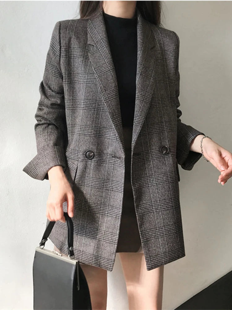 Colorfaith New 2022 Plaid Double Breasted Pockets Formal Jackets Checkered Winter Spring Women's Blazers Outerwear Tops JK7113