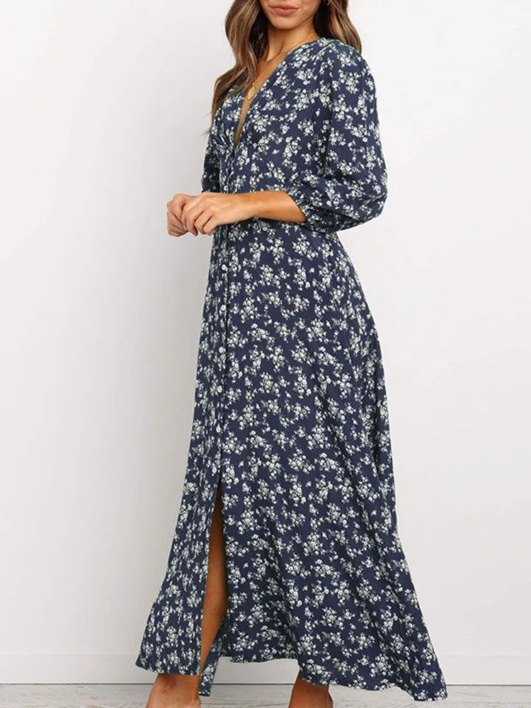 Women Chiffon Long Dress Floral Print Lantern Sleeve A-line Maxi Vestidos Autumn New Elegant Vintage V Neck Winter Dresses