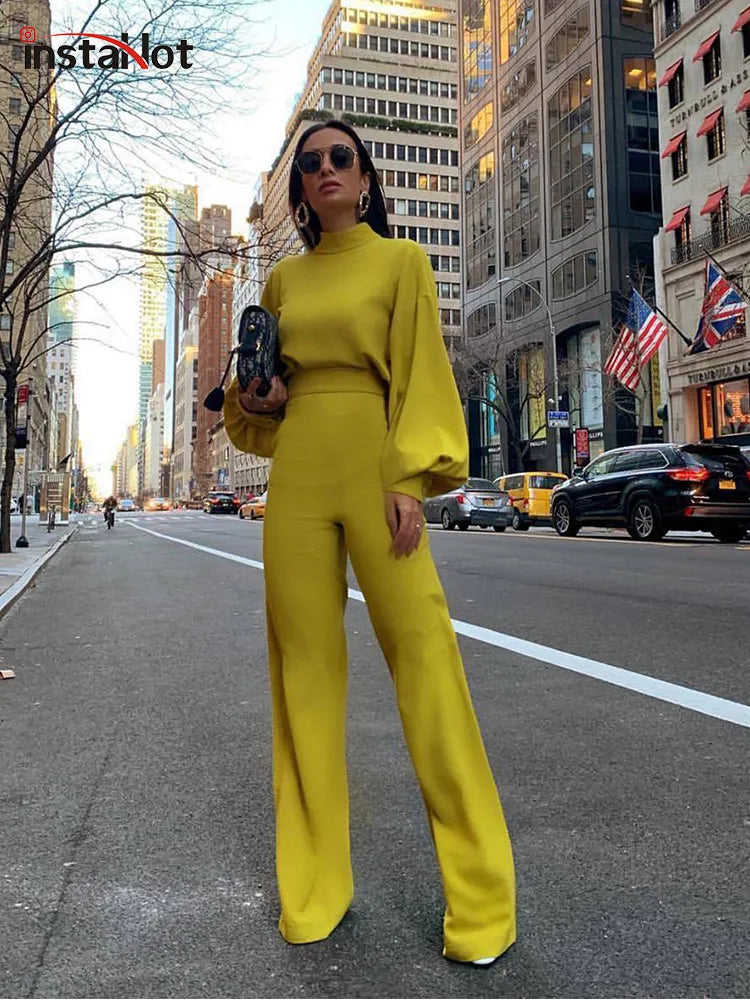 InstaHot Puff Elegant Overalls For Women  Puff Long Sleeve Flare Pants Spring Office Ladies Sets Casual Fashion Female Jumpsuits