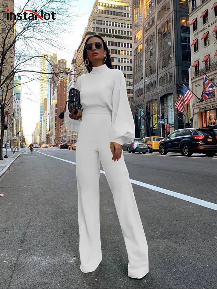 InstaHot Puff Elegant Overalls For Women  Puff Long Sleeve Flare Pants Spring Office Ladies Sets Casual Fashion Female Jumpsuits